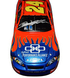 Signed Action 1/24 Scale Jeff Gordon #24 DuPont Blue Flames Diecast Car - Front View: Feel the excitement of NASCAR with Jeff Gordon's signature prominently displayed on the front of this collectible, capturing the essence of speed and power.