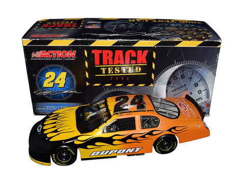 Autographed 2006 Jeff Gordon #24 DuPont Flames Racing Daytona Test Car Signed Diecast - Side View: Witness the intensity of Daytona testing with Jeff Gordon's signature DuPont car, showcasing authentic signatures and exclusive details from the track.