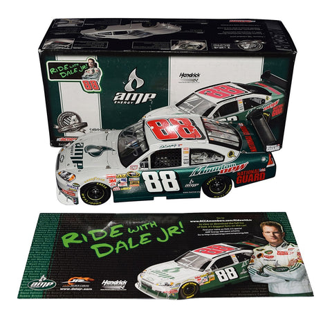 Autographed 2008 Dale Earnhardt Jr. #88 AMP Racing Diecast Car - Side View: Immerse yourself in the excitement of NASCAR with this authentic diecast car, featuring Dale Earnhardt Jr.'s signature obtained through exclusive signings.
