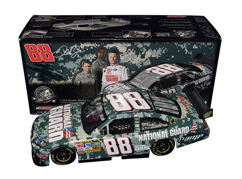 Autographed Dale Earnhardt Jr. #88 National Guard Digital Camo Diecast Car - Side View: Embrace the spirit of NASCAR with this autographed diecast car, featuring Dale Jr.'s National Guard Digital Camo livery, meticulously signed for authenticity.