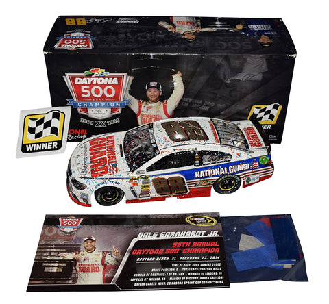 Autographed 2014 Dale Earnhardt Jr. #88 National Guard DAYTONA 500 WIN Diecast Car Description: Close-up image of the autographed 2014 Dale Earnhardt Jr. #88 National Guard DAYTONA 500 WIN diecast car, showcasing the raced version with confetti and Dale Earnhardt Jr.'s authentic signature. A rare gem for NASCAR enthusiasts.