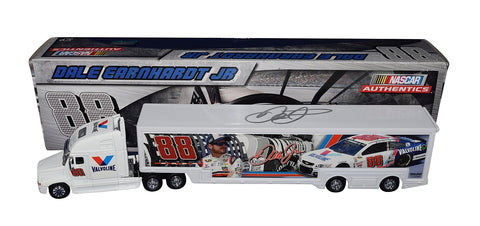 A close-up of the autographed Dale Earnhardt Jr. #88 Valvoline Racing DARLINGTON THROWBACK NASCAR Authentics Hauler, showcasing the signature of the renowned driver.