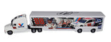 A side view of the collectible 1/64 scale NASCAR hauler transporter featuring the authentic signature of Dale Earnhardt Jr. This NASCAR Authentics hauler comes with a Certificate of Authenticity.