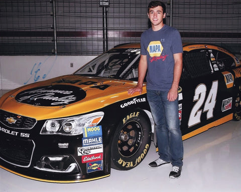 Chase Elliott's autograph on the 2016 #24 NAPA Racing DARLINGTON THROWBACK NASCAR photo, a tribute to racing's rich history.