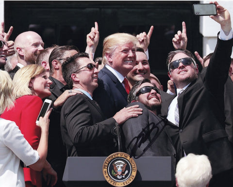 Add this genuine Martin Truex Jr. autographed 8x10 inch NASCAR photo to your memorabilia collection, showcasing his historic selfie with President Trump at The White House. Limited availability – don't wait!