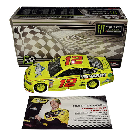 Autographed 2018 Ryan Blaney #12 Menards Racing Diecast Car - Front View A detailed front view of the autographed 2018 Ryan Blaney #12 Menards Racing CAN-AM DAYTONA DUEL #1 WIN Diecast Car, capturing every angle of this NASCAR collectible.
