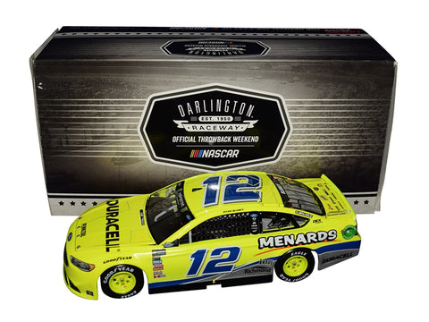 Autographed 2018 Ryan Blaney #12 Menards Racing Darlington Diecast Car - Front View A detailed front view of the autographed 2018 Ryan Blaney #12 Menards Racing DARLINGTON THROWBACK Diecast Car, capturing every angle of this NASCAR collectible.