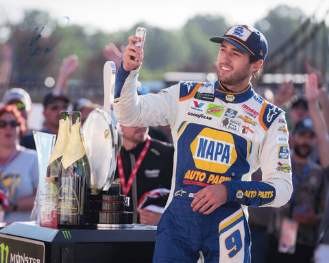 Chase Elliott's signature, symbolizing victory, featured on the 2019 #9 NAPA Racing WATKINS GLEN WIN NASCAR photo.