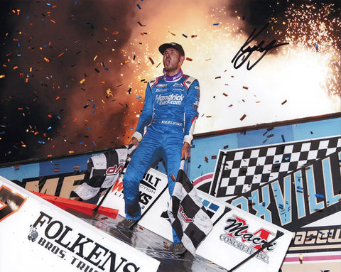 Experience the thrill of victory with an autographed 8x10 inch photo of Kyle Larson's win at the Knoxville Nationals. This NASCAR picture radiates joy and glory, making it a perfect addition to any collection.