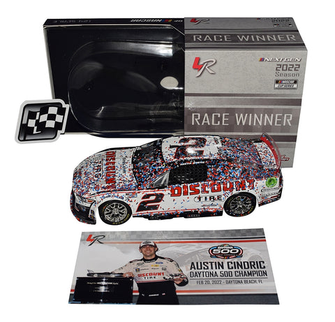 Celebrate Austin Cindric's historic victory at the 2022 DAYTONA 500 with this Autographed 2022 Discount Tire Diecast Car. Limited to just 1,332 pieces worldwide, this collectible comes with a Certificate of Authenticity (COA) for added assurance of its genuineness.