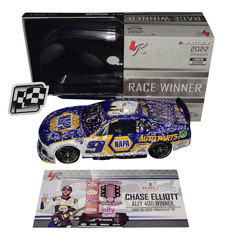 AUTOGRAPHED 2022 Chase Elliott #9 NAPA Racing ALLY 400 NASHVILLE WIN Next Gen Car. This 1/24 scale Lionel diecast is a limited edition, 1 of only 1,248 produced, bearing the scuffs and dirt from the thrilling Nashville race. Comes with a Certificate of Authenticity.