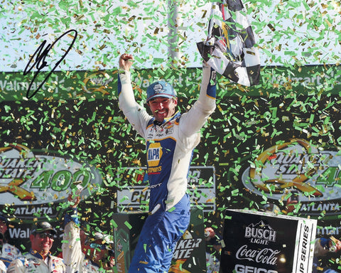 Chase Elliott's triumphant signature featured on the 2022 #9 NAPA Racing ATLANTA WIN NASCAR photo, symbolizing victory.