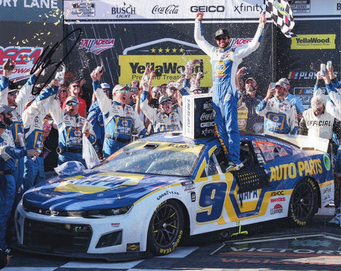 Chase Elliott's autographed 2022 TALLADEGA WIN NASCAR photo captures the thrilling Victory Lane celebration at the legendary track.