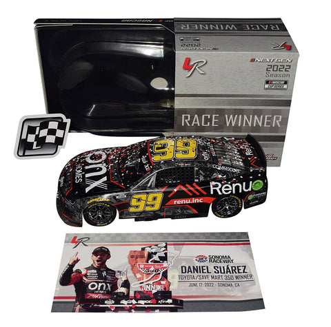 Relive the excitement of Daniel Suarez's 2022 Sonoma win with the Autographed #99 Onx Homes Diecast Car. Limited edition #391 of 960, featuring exclusive signatures from public/private signings and HOT Pass access. Includes Certificate of Authenticity (COA). Ideal for NASCAR fans and collectors.