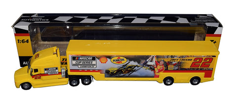 Autographed Joey Logano #22 Pennzoil Racing Diecast Hauler - Side View: Celebrate Joey Logano's two-time NASCAR championship victories with this autographed diecast hauler, featuring the iconic Pennzoil Racing livery and Logano's authentic signature.