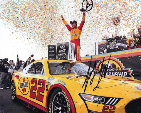 Relive the excitement of Joey Logano's 2022 NASCAR Championship win with the AUTOGRAPHED #22 Pennzoil Racing NASCAR CHAMPION Signed 8x10 Inch Picture. This iconic photo captures Logano's victorious moment at the Phoenix Championship Race, surrounded by adoring fans and the championship trophy