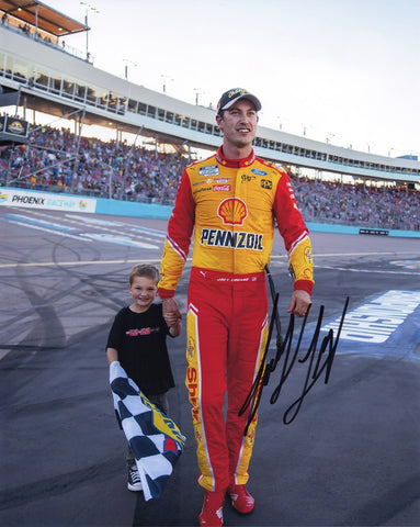 Capture the unforgettable moment of Joey Logano's 2022 NASCAR Championship win with the AUTOGRAPHED #22 Pennzoil Racing NASCAR CHAMPION Signed 8x10 Inch Picture. This touching photo depicts Logano celebrating with his son at the Phoenix Raceway, commemorating their special bond amidst victory.