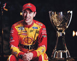 Elevate your collection with the AUTOGRAPHED 2022 Joey Logano #22 Pennzoil Racing NASCAR CHAMPION Signed 8x10 Inch Picture from Trophy Media Day. This prestigious memorabilia captures Logano's victorious moment, proudly displaying the championship trophy. 
