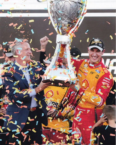 Make Joey Logano's championship triumph a part of your collection with the AUTOGRAPHED 2022 #22 Pennzoil NASCAR CHAMPION Signed 8x10 Inch Picture. This stunning photo captures Logano's exhilarating Victory Lane celebration, highlighting his championship trophy. 