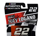Close-up of Joey Logano's genuine signature on the AUTOGRAPHED 2022 Verizon 5G Racing Diecast Car, a prized NASCAR collectible.