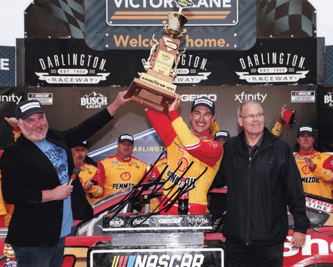Capture the thrill of victory with the AUTOGRAPHED 2022 Joey Logano #22 Pennzoil Racing DARLINGTON WIN Signed 8x10 Inch Picture. This captivating photo showcases Logano's triumphant moment in Victory Lane at Darlington, holding the trophy high with pride. 