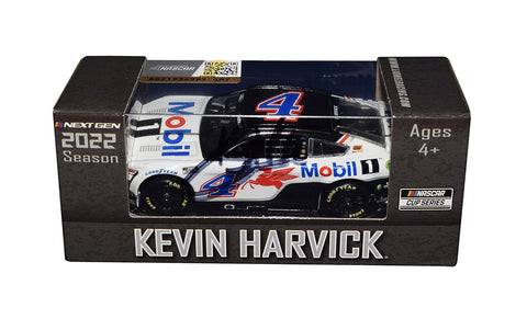 Front view of the AUTOGRAPHED 2022 Kevin Harvick #4 Mobil 1 Racing Diecast Car, a meticulously detailed 1/64 scale replica of the Next Gen Mustang, featuring Kevin Harvick's authentic signature, ideal for NASCAR enthusiasts and collectors.