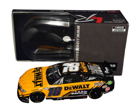 Autographed 2022 Kyle Busch #18 DeWalt Racing Joe Gibbs Final Season diecast car. This collectible, signed through exclusive public and private signings with HOT Pass access, includes a Certificate of Authenticity and a lifetime authenticity guarantee. Ideal gift for NASCAR fans and collectors.