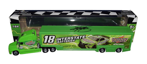 Autographed Kyle Busch #18 Interstate Batteries Diecast Hauler - Side View: Celebrate Kyle Busch's final season with Joe Gibbs Racing with this autographed diecast hauler, featuring the iconic Interstate Batteries Racing livery and Busch's authentic signature.