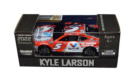 Autographed 2022 Kyle Larson #5 Valvoline Racing Homestead Win Diecast Car - Front view showcasing the meticulously crafted details of the car, including Kyle Larson's signature on the hood and the Valvoline Racing logo, commemorating Larson's thrilling victory at Homestead.