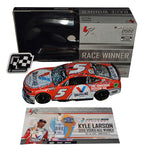 Autographed 2022 Kyle Larson #5 Valvoline Homestead Win diecast car. This collectible, signed through exclusive public and private signings with HOT Pass access, includes a Certificate of Authenticity and a lifetime authenticity guarantee. Ideal gift for NASCAR fans and collectors.