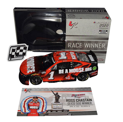 Autographed 2022 Moose Fraternity #1 Talladega Win Diecast Car with Ross Chastain's Signature, Perfect Addition to Your NASCAR Collectibles and Memorabilia Collection