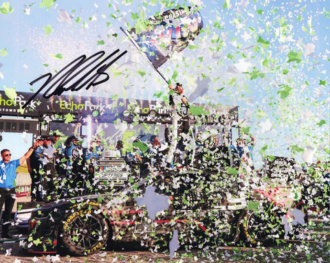This exclusive 8x10 inch NASCAR photo immortalizes Ross Chastain's triumphant moment at the COTA RACE WIN. With his victory celebration captured in vivid detail, this signed photo is a must-have for any racing enthusiast's collection. Limited availability!