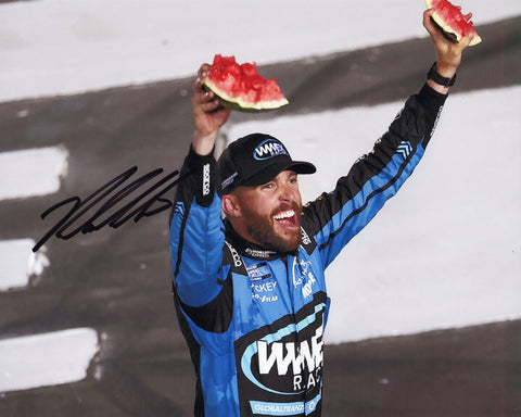 Add this genuine Ross Chastain autographed 8x10 inch NASCAR photo to your memorabilia collection, featuring the memorable Watermelon Smash celebration from his 2022 Charlotte win. Limited availability – don't wait!