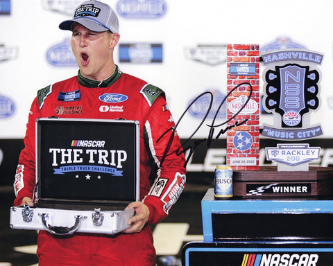 Authentic Ryan Preece #17 autographed NASCAR photo capturing his triumphant moment in the Triple Truck Challenge at the Nashville Superspeedway.