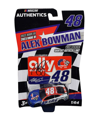 Elevate your memorabilia collection with the limited edition autographed Alex Bowman #48 Ally Racing PATRIOTIC USA Next Gen Camaro diecast car, featuring a signature authenticated through exclusive signings and a Certificate of Authenticity provided.