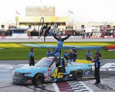 Autographed 2023 Carson Hocevar #42 WWEX Racing TEXAS WIN Finish Line Photo - Genuine NASCAR Collectible with Certificate of Authenticity