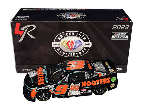 Limited edition 1/24 scale Diecast Car featuring the Hooters Night Owl Racing design, authentically signed by NASCAR star Chase Elliott, a must-have for enthusiasts.
