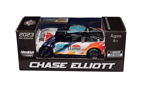 Autographed 2023 Chase Elliott #9 Llumar Racing diecast car with Certificate of Authenticity (COA), ideal for avid NASCAR enthusiasts and diehard fans of Chase Elliott, celebrating his partnership with Hendrick Motorsports and the iconic Llumar Racing brand.