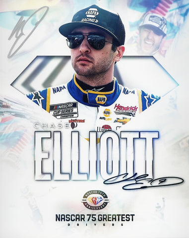 AUTOGRAPHED 2023 Chase Elliott #9 NAPA Racing Signed Photo - NASCAR 75th Anniversary Tribute. Genuine autograph, Certificate of Authenticity included. Ideal for fans of Chase Elliott and NASCAR collectors.