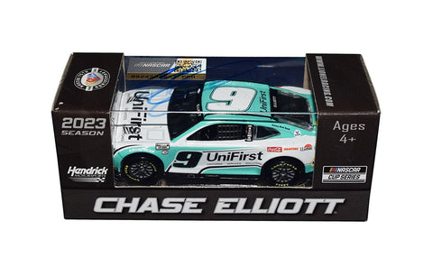 Autographed 2023 Chase Elliott #9 Uni-First Racing diecast car with COA, perfect for NASCAR fans and collectors.