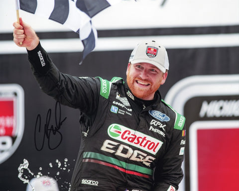 Experience the exhilaration of Chris Buescher's triumphant moment in Victory Lane at Michigan Speedway with this AUTOGRAPHED 2023 Chris Buescher #17 Castrol Racing MICHIGAN WIN Photo. Each signature is a testament to its authenticity, acquired through exclusive public/private signings and HOT Pass garage access. Your purchase includes a Certificate of Authenticity, affirming its genuine origin.