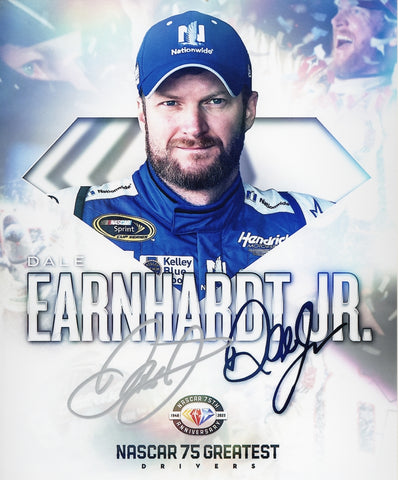 AUTOGRAPHED 2023 Dale Earnhardt Jr. #88 Nationwide Racing Signed Photo - A must-have collectible honoring Dale Jr.'s inclusion in NASCAR's 75 Greatest Drivers. Genuine autograph, Certificate of Authenticity included. Perfect for racing enthusiasts and Dale Jr. fans.