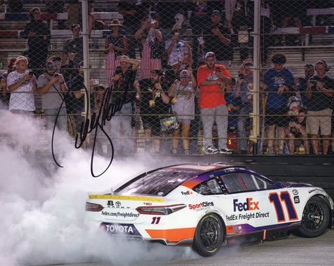 Immerse yourself in the world of NASCAR with this AUTOGRAPHED 2023 Denny Hamlin #11 FedEx Racing 8x10 Inch NASCAR Photo, capturing the thrilling Bristol Night Race Win burnout. Each signature signifies authenticity, meticulously obtained through exclusive signings and coveted garage area access via HOT Passes. Your purchase includes a Certificate of Authenticity, confirming its genuine heritage.