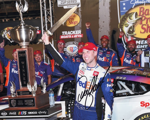 Dive into the world of NASCAR with this AUTOGRAPHED 2023 Denny Hamlin #11 FedEx Racing 8x10 Inch NASCAR Photo, capturing the unforgettable Bristol Night Race Victory Lane celebration. Every signature signifies authenticity, meticulously obtained through exclusive signings and sought-after garage access via HOT Passes. 