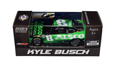Autographed 2023 Kyle Busch #8 Alsco Uniforms diecast car, perfect for NASCAR enthusiasts and collectors. Each signature is obtained through exclusive signings and comes with a Certificate of Authenticity.