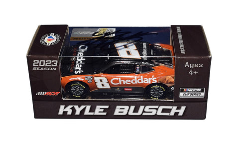 Autographed 2023 Kyle Busch #8 Cheddar's Racing diecast car, ideal for NASCAR collectors. Each signature is obtained through exclusive signings, with a Certificate of Authenticity included.