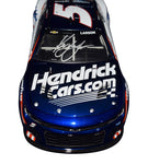 A close-up view of the AUTOGRAPHED 2023 Kyle Larson #5 Hendrick Cars Racing Color Chrome Diecast Car, showcasing intricate details and Kyle Larson's authentic signature.