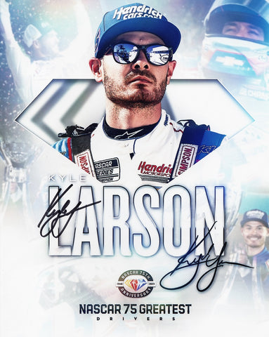 Limited edition Kyle Larson #5 Hendrick signed 8x10 photo celebrating his legacy as one of NASCAR's 75 Greatest Drivers. Ideal for fans and collectors!