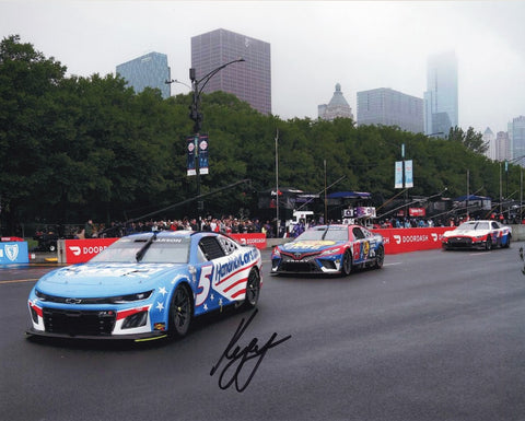 AUTOGRAPHED 2023 Kyle Larson #5 Hendrick Patriotic Racing CHICAGO STREET COURSE 8x10 Inch Photo with COA, perfect for NASCAR enthusiasts.