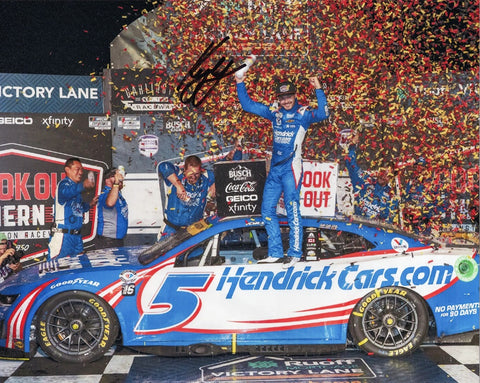 Rev up your collection with an AUTOGRAPHED 2023 Kyle Larson #5 Hendrick Racing DARLINGTON WIN 8x10 Photo, capturing the historic Cookout Southern 500 victory.